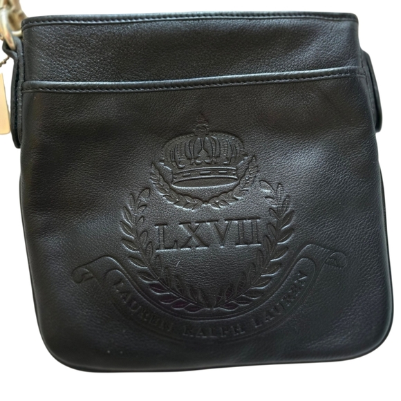 NWT Vintage Ralph Lauren Black Logo Embossed Leather Crossbody Shoulder Bag - Picture 2 of 4